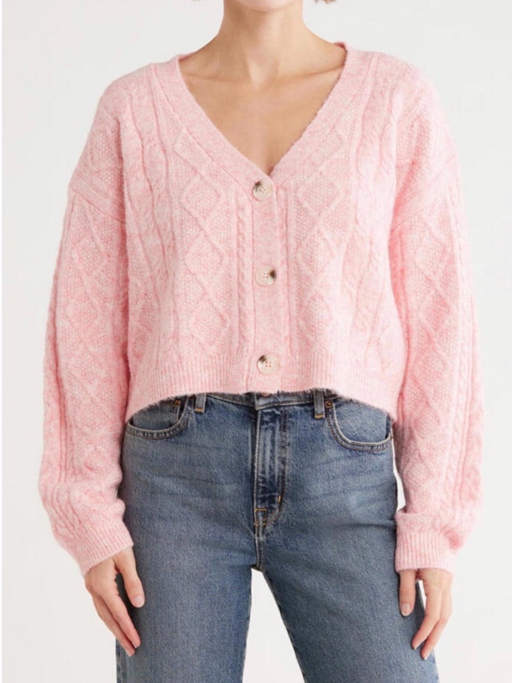 Topshop Light Pink Cable Knit Cropped Button Cardigan